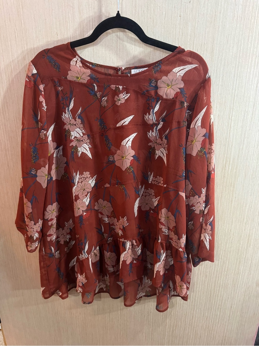 Women’s LOGO Floral Peasant Blouse - Rust Pink and Brown Size Large
